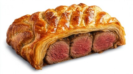 A Beef Wellington with a delicate golden-brown crust, showing a perfectly cooked beef center