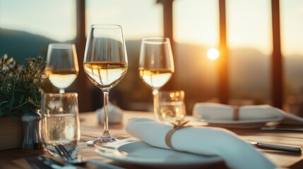 A sophisticated table setting with glasses and napkins placed elegantly, capturing a beautiful sunset view in the background, ideal for romantic dining and culinary experiences.