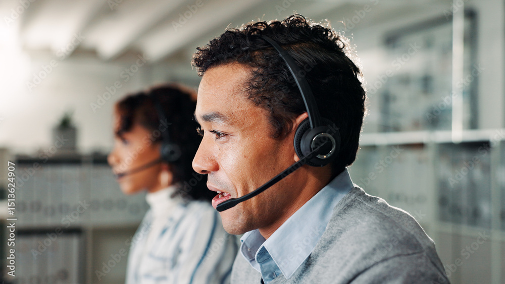 Poster headset, man and call center agent in office for lead generation, crm or help desk consultation. aud