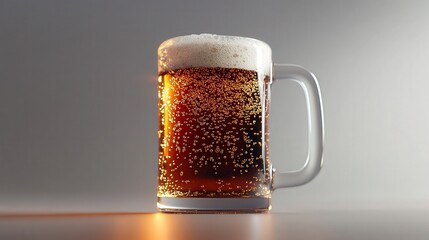 A beer mug filled with rich amber ale, tiny bubbles rising to the surface. The transparent background adds a clean
