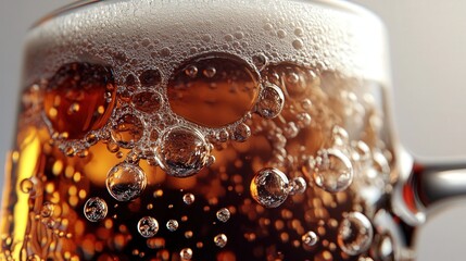 A beer mug filled with rich, dark amber beer, its foam head thick and creamy.