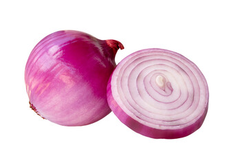 Fresh peeled red or purple Spanish onion in one slice in circle shape and one bulb in stack isolated with clipping path in png file format