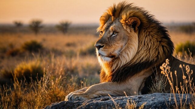 Majestic lion resting on a rock in the savanna - Powered by Adobe