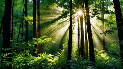 Obraz premium Lush green forest with sunbeams filtering through the trees