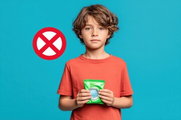 Kid Holding a Detergent Pod With Red Alert Symbol Displayed Prominently for Safety Awareness