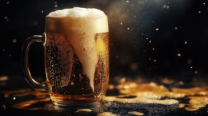 A beer mug tilted slightly, showing off the beers golden sparkle and frothy foam.