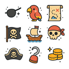Pirate icons illustration features skull flag and treasure map with gold coins and parrot on white background
