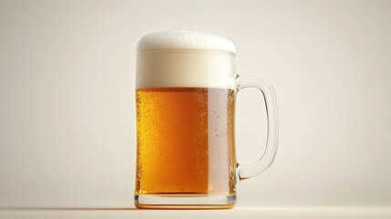 A beer mug with a perfect pour of golden beer, the foam head perfectly layered on top.
