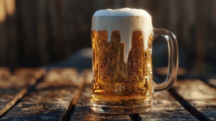 A beer mug tilted slightly, showing off the beers golden sparkle and frothy foam.