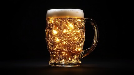 A beer mug with a sturdy handle, filled with golden ale.