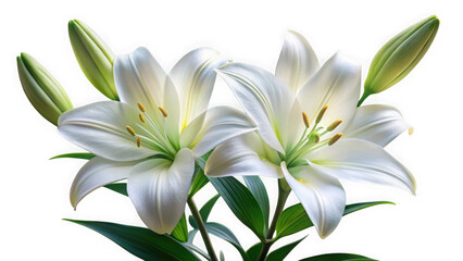 Fototapeta premium Elegant white lilies with green leaves isolated on transparent background