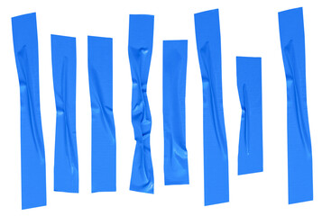 Top view set of wrinkled or crumpled blue adhesive vinyl tape or cloth tape in stripe shape isolated on white background with clipping path