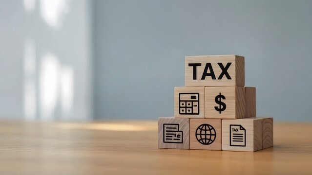Conceptual image featuring wooden blocks with tax financial and global business symbols - Powered by Adobe