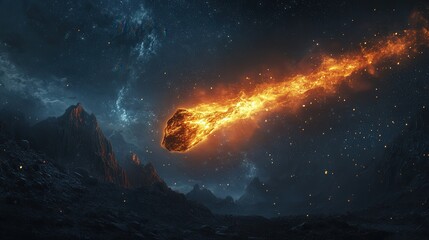 A blazing meteorite races across the sky, igniting the night with cosmic fire.