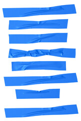 Fototapeta premium Top view set of wrinkled or crumpled blue adhesive vinyl tape or cloth tape in stripe shape isolated on white background with clipping path