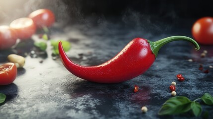 A bold depiction of a red chili pepper with its green stem curving elegantly, isolated on a transparent background for focus