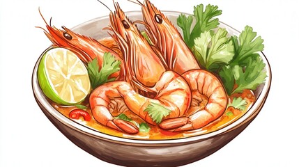 A bold presentation of Tom Yum Goong featuring fresh shrimp, vibrant herbs, and a tangy broth, isolated on a transparent background