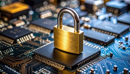 A metallic padlock sits atop a computer chip on a circuit board, symbolizing cybersecurity and data protection in technology.