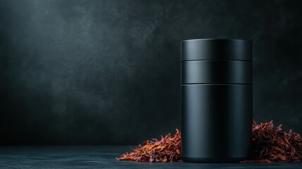 A sleek black container positioned on a dark surface, surrounded by vibrant saffron threads, exemplifying elegance and sophistication in culinary presentation and design.