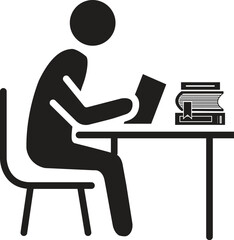 Vector Silhouette of Person Reading at Table with Books – Education Concept Icon in Flat Style