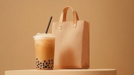 A branded tote bag sits next to a cup of bubble tea with tapioca pearls, creating a stylish and inviting arrangement