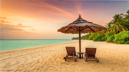 Fototapeta premium Peaceful beach scene with sun umbrella and lounge chairs under a beautiful sunset sky