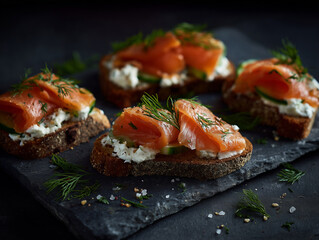 Gourmet smoked salmon appetizer. Exquisite culinary experience featuring fresh smoked salmon, delicate dill sprigs, and flavorful cream cheese atop crusty bread slices. 
