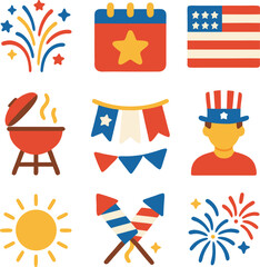 Patriotic Fourth of July Celebration Icon Set with American Symbols and Festive Elements