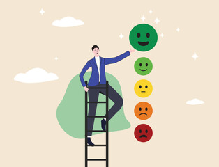 Customer satisfaction and positive feedback scores reflect good quality service and a strong customer experience. A young man climbs a ladder to give a smiling, positive feedback rating. © Sherina