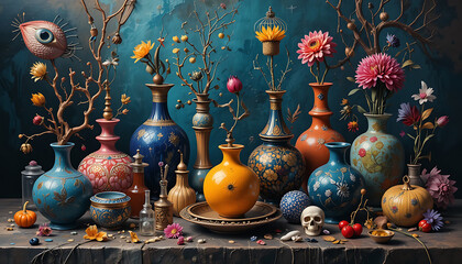 Naklejka premium Surreal Still Life Colorful Vases, Flowers, and Mystical Objects
