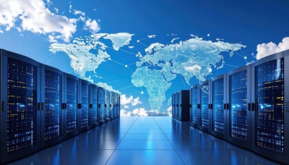Modern data center with server racks and a digital world map, symbolizing global cloud computing and data connectivity.