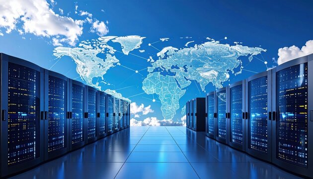 Modern data center with server racks and a digital world map, symbolizing global cloud computing and data connectivity.