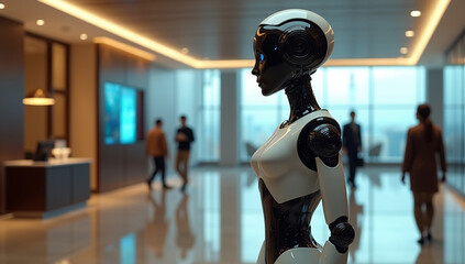 Futuristic AI in the Modern Office Robot Portrait Artificial Intelligence Technology Automation Innovation Workplace