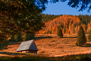Serene mountain meadow and house on the slope, dramatic landscape. Escape to nature.
