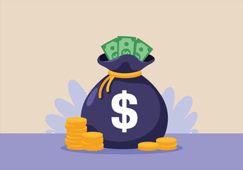 Vector illustration of money bag with dollar sign, cash, and coins on purple background - money, bag, vector, cash, coins, dollar, finance, savings, wealth, currency.
