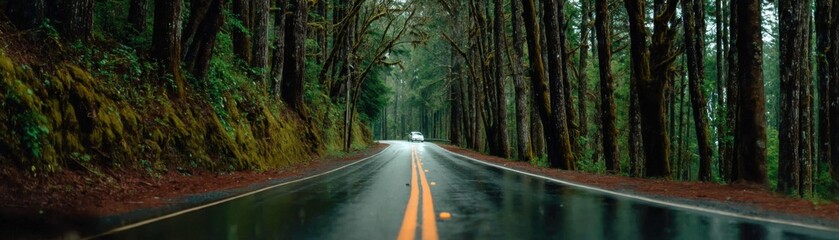 Fototapeta premium Driving through a rainy forest road pacific northwest scenic view tranquil environment nature's beauty