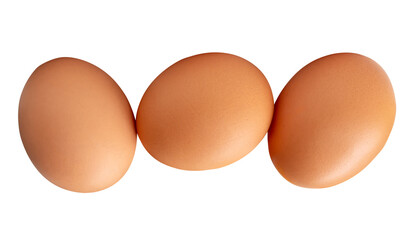 Three fresh brown chicken eggs in stack isolated on white background with clipping path