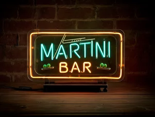 Illuminated by a vibrant neon glow, the martini bar sign casts an inviting ambiance