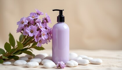 the bottle should have no label, no text, no logo, and no images or decorative elements on it lavender colored cosmetic bottle with blooming purple flowers, placed on white stones