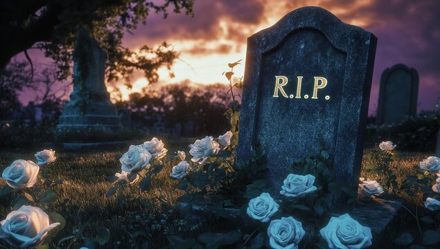 Cinematic tombstone with &ldquo;R.I.P.&rdquo; text surrounded by white roses in a dusk cemetery scene