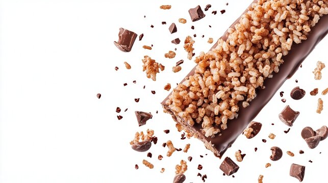 A cereal bar coated in chocolate and sprinkled with crispy rice, isolated on a transparent background for a sweet and crunchy snack