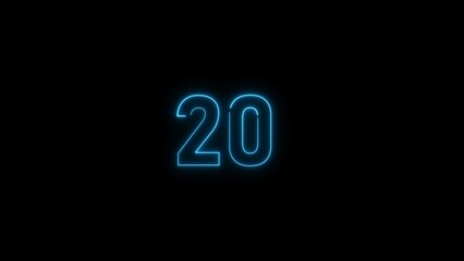 Neon glowing 20 number illustration. on a black background. 4k illustration.