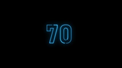 Neon glowing 70 number illustration. on a black background. 4k illustration.