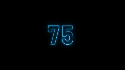 Neon glowing 75 number illustration. on a black background. 4k illustration.