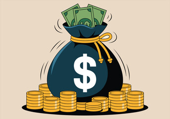 Vector illustration of money bag with dollar sign and gold coins - money, bag, vector, coins, dollar, cash, wealth, finance, savings, currency.