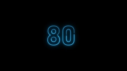 Neon glowing 80 number illustration. on a black background. 4k illustration.