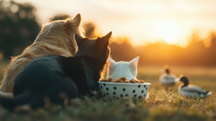 A heartwarming scene of three pets—two dogs and a cat—sitting together in a sunlit field, embodying companionship and the simple joys of life during a stunning sunset.