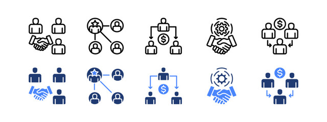 Obraz premium Strategic alliance icon set with Cooperative, Organization Structure, Delegation, Alliance, Consortium.