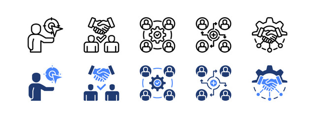 Strategic alliance icon set with Goal Achievement, Joint Venture, Collaborative, Sharing, Strategic Alliance.