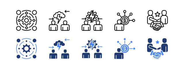 Strategic alliance icon set with Synergy, Conflict Of Interest, Conflict Resolution, Profit Sharing, Partnership.